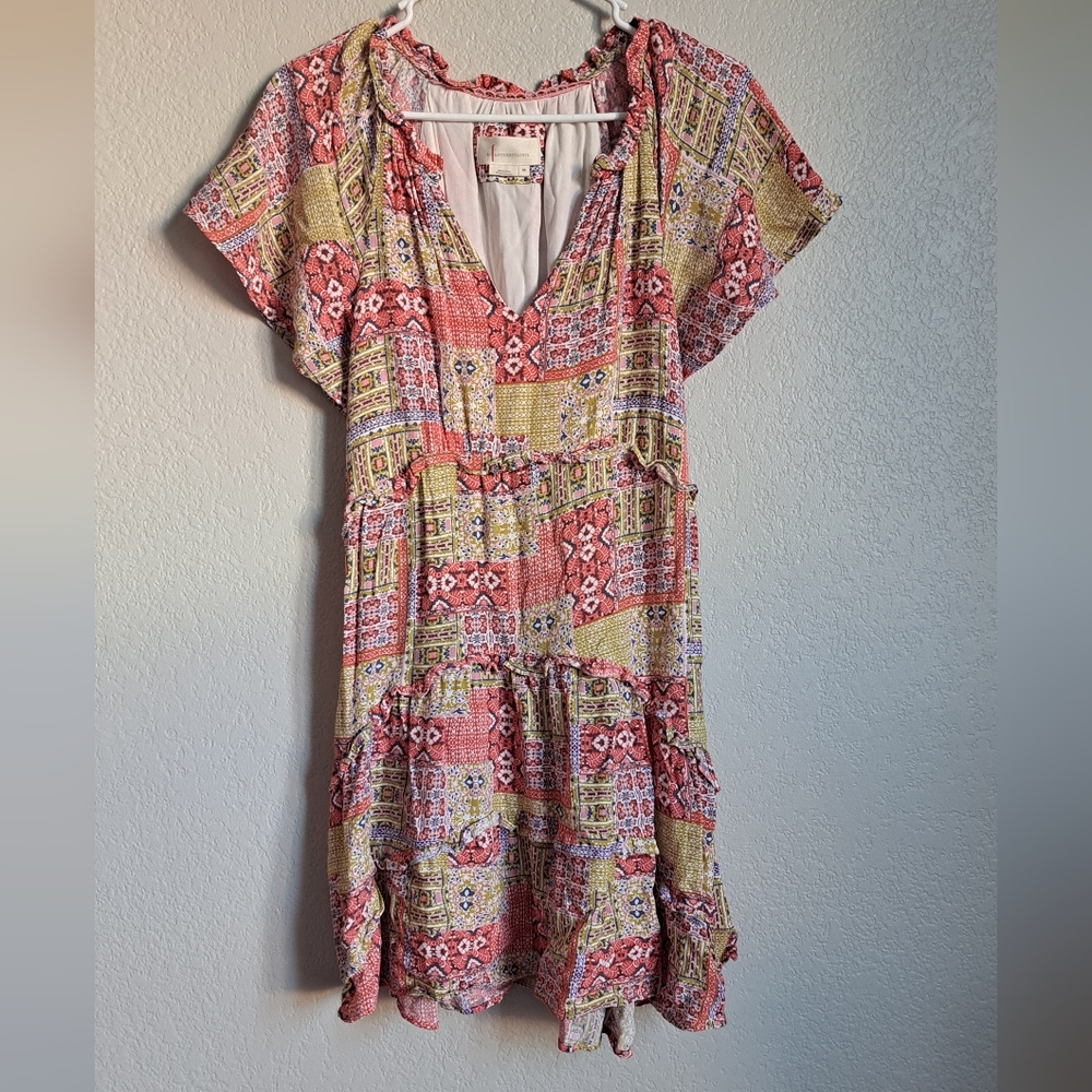 Anthropologie Robin Tiered Bohemian Patchwork Mini Dress Dress Pink Combo XS